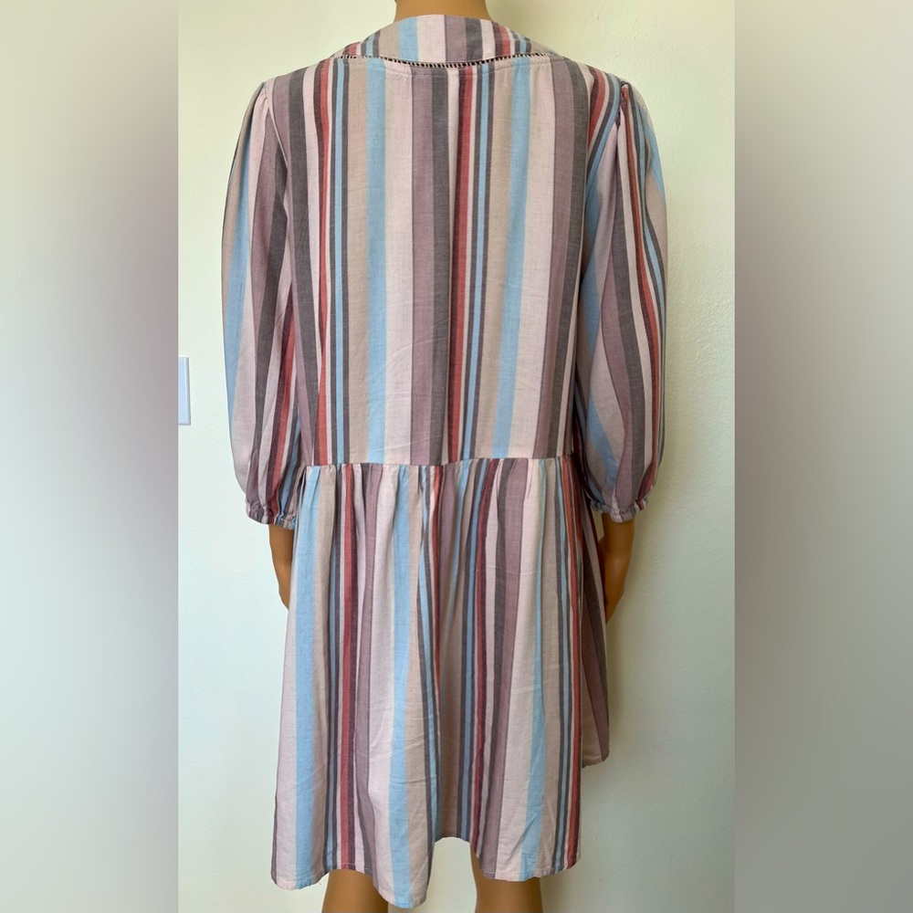 Knox Rose-Striped, Crochet Trim, Linen, Boho, Western, Baby Doll, Dress. Size-M - Picture 4 of 8